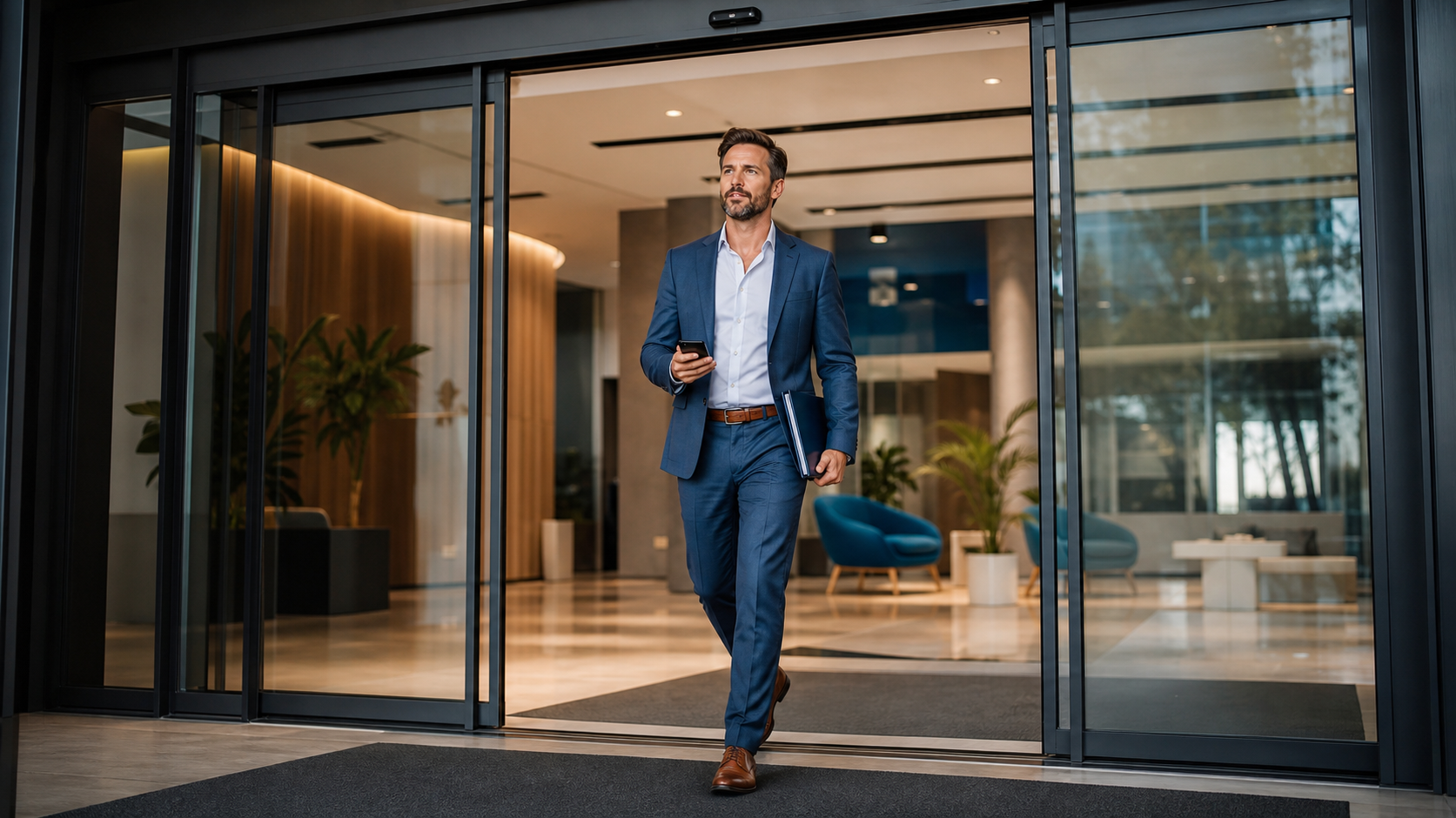 Empresário atravessando porta automática com confiança