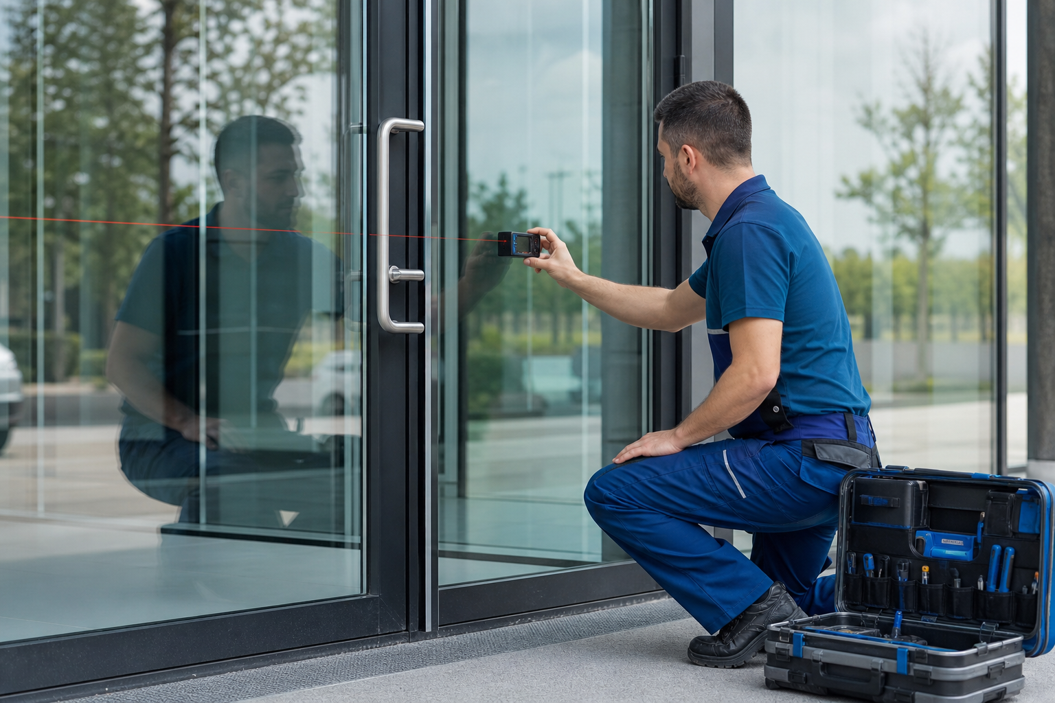 Técnico realizando medição profissional para instalação de porta automática